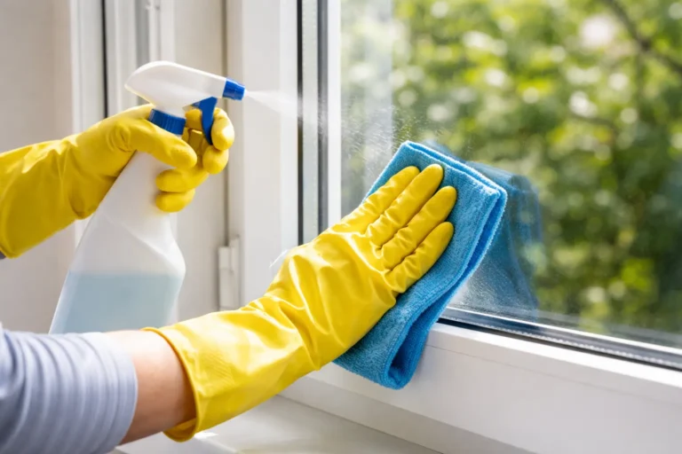 Handen met gele handschoenen reinigen een wit kunststof kozijn met doek en spray.
