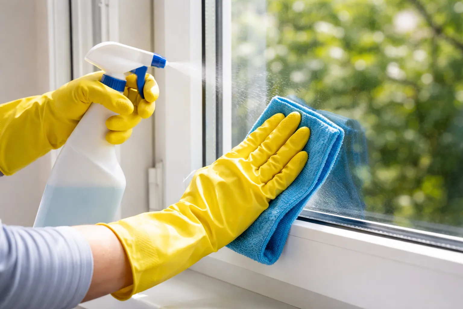 Handen met gele handschoenen reinigen een wit kunststof kozijn met doek en spray.