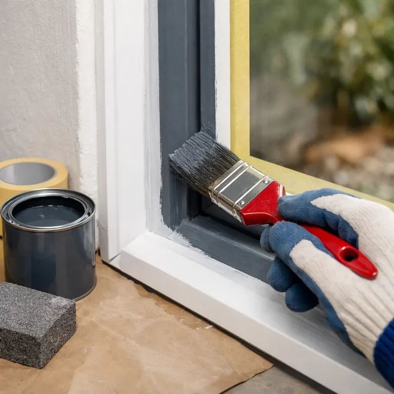 Close-up van het schilderen van een kunststof kozijn met een kwast.