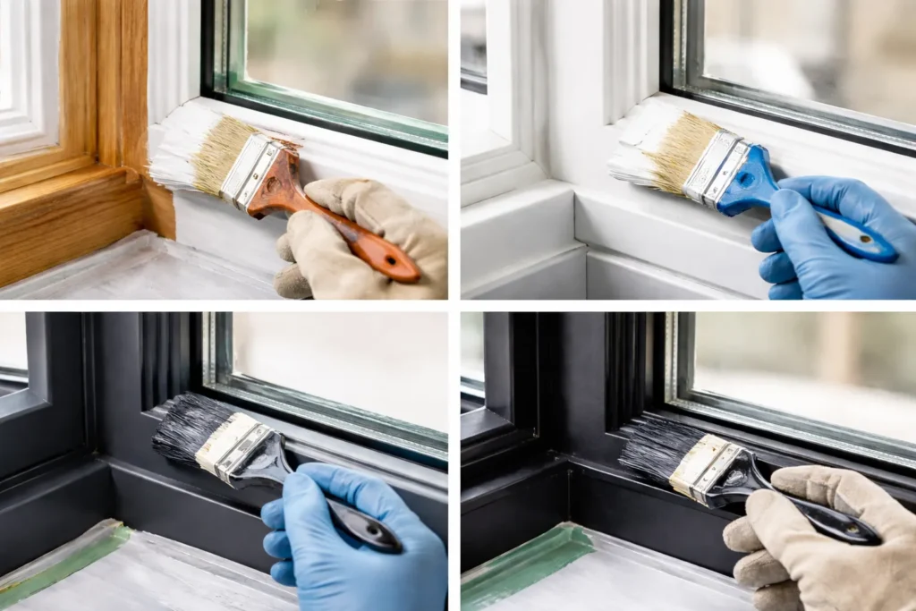 Close-up van het schilderen van houten, kunststof, aluminium en stalen kozijnen.