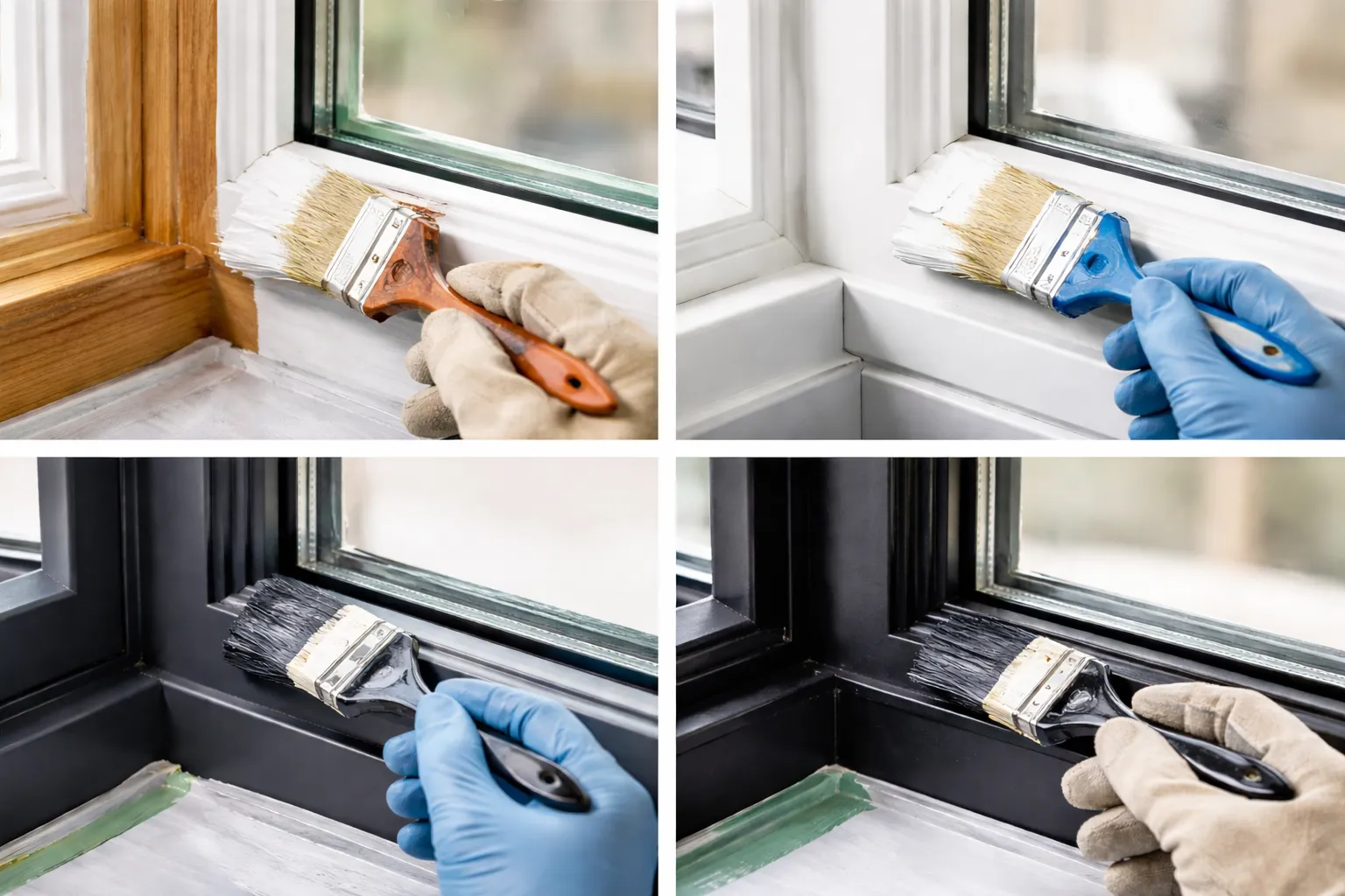 Close-up van het schilderen van houten, kunststof, aluminium en stalen kozijnen.