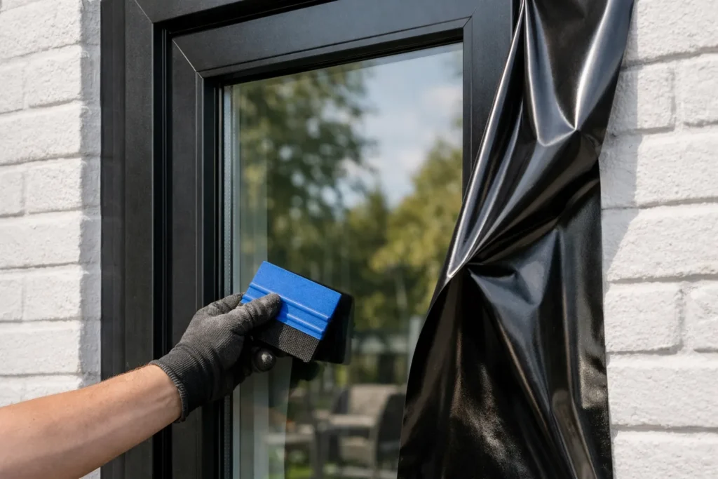 Monteur brengt zwarte folie aan op een raamkozijn met een rakel.