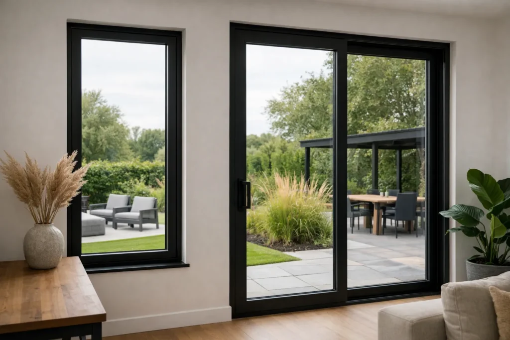 Moderne woning met zwarte kozijnen en grote ramen