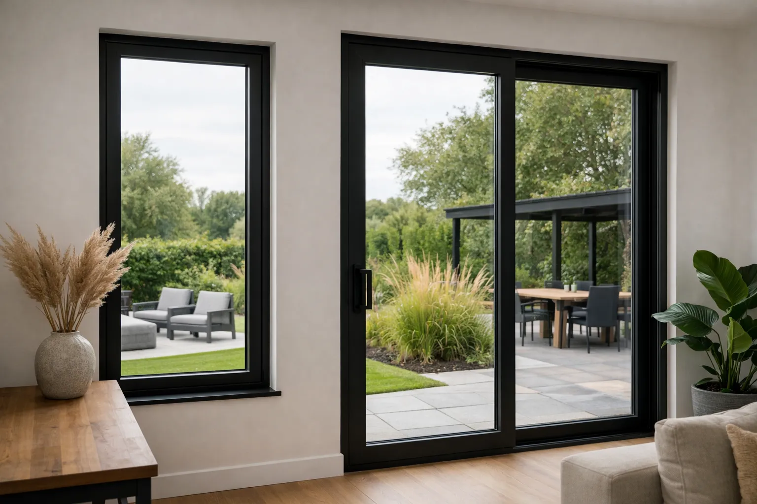 Moderne woning met zwarte kozijnen en grote ramen