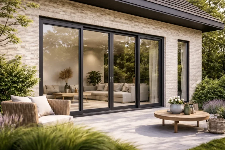 Moderne gevel met grote antraciet schuifpuien en lichte bakstenen muur