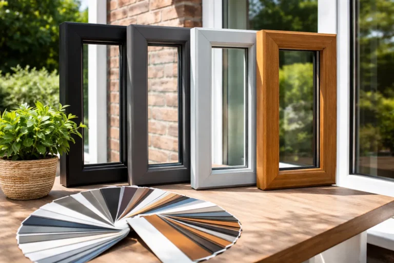 Voorbeelden van kunststof kozijnen in zwart, grijs en houtlook met kleurstalen op tafel