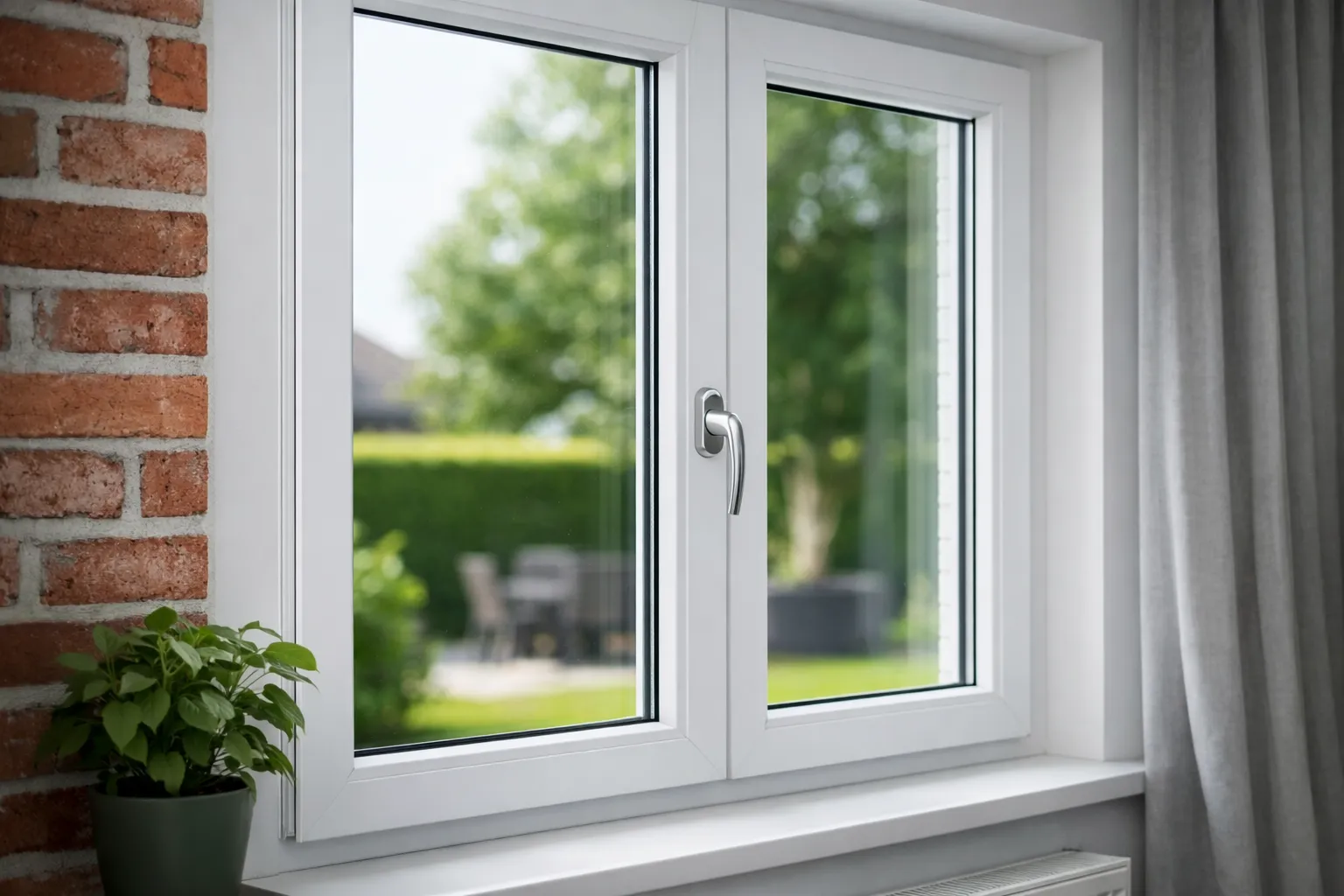 Wit kunststof kozijn met dubbel glas en uitzicht op groene tuin