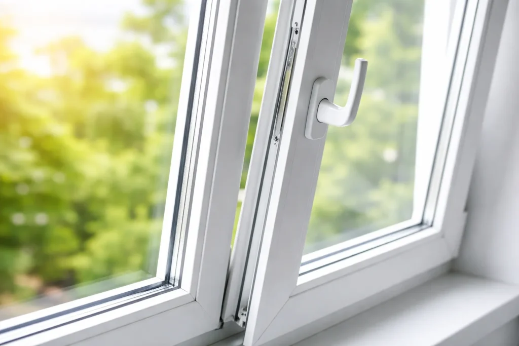 Wit kunststof raam met moderne handgreep en groene achtergrond.