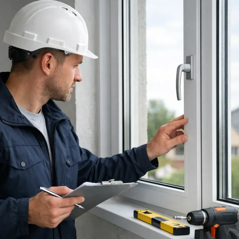 Monteur inspecteert een wit kunststof raam tijdens montage