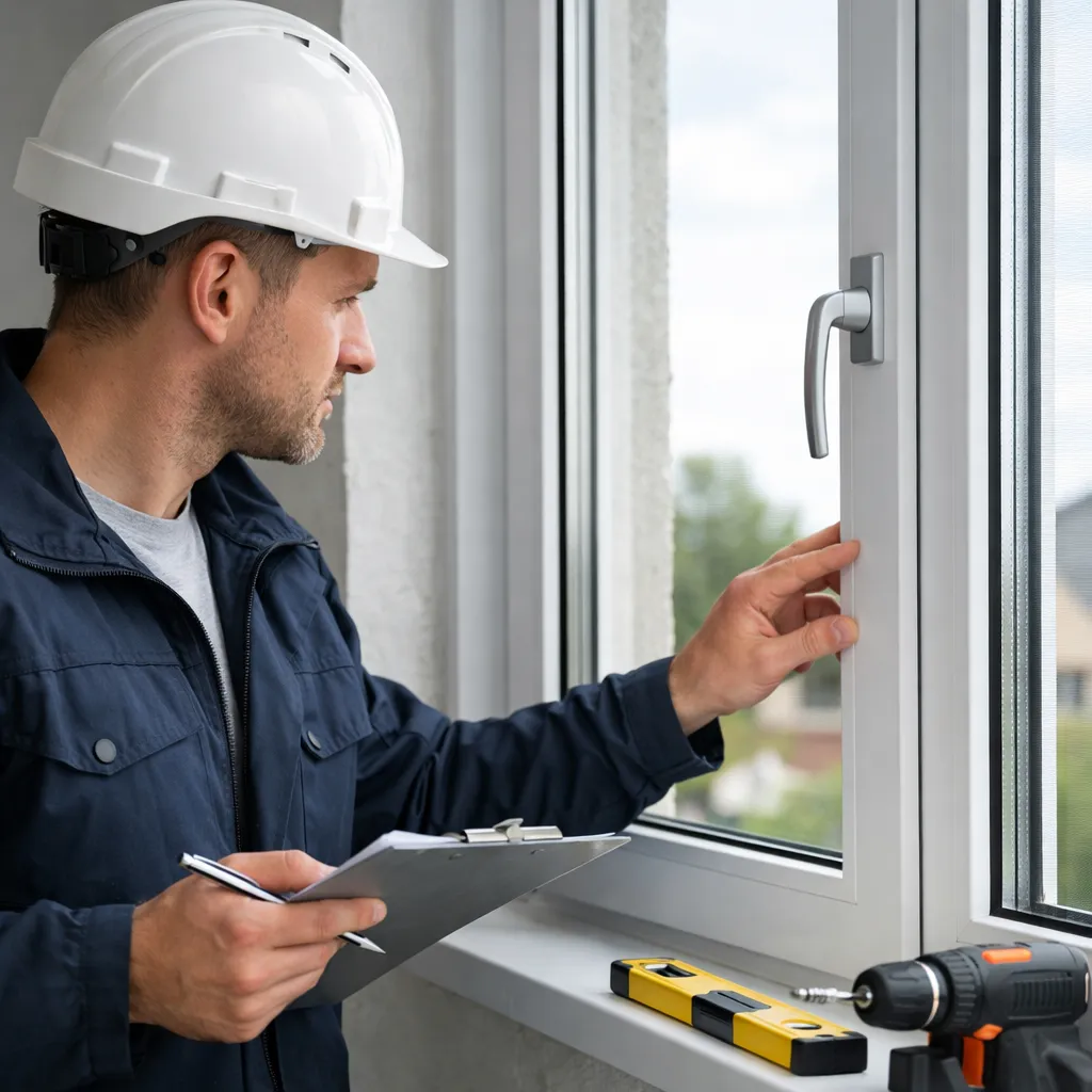 Monteur inspecteert een wit kunststof raam tijdens montage