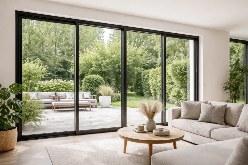 Moderne woonkamer met grote glazen schuifdeuren en slanke aluminium kozijnen met uitzicht op tuin.