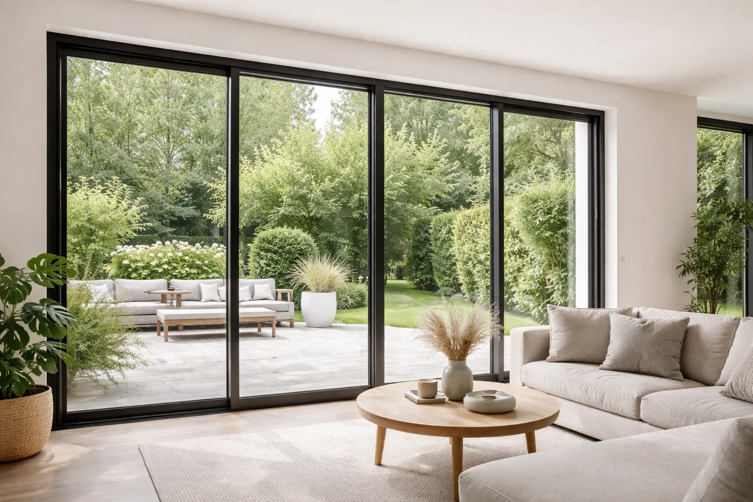 Moderne woonkamer met grote glazen schuifdeuren en slanke aluminium kozijnen met uitzicht op tuin.
