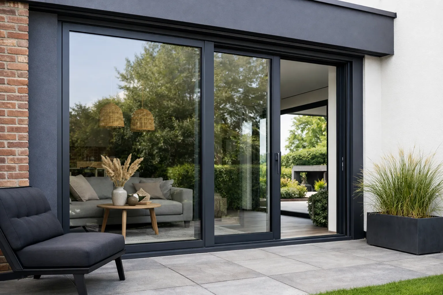 Moderne woning met grote aluminium schuifdeur en uitzicht op de tuin