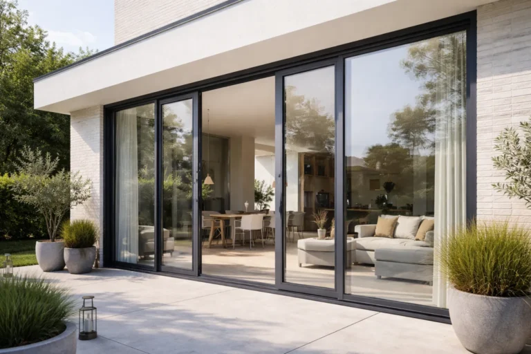 Moderne woning met grote aluminium schuifkozijnen en terras