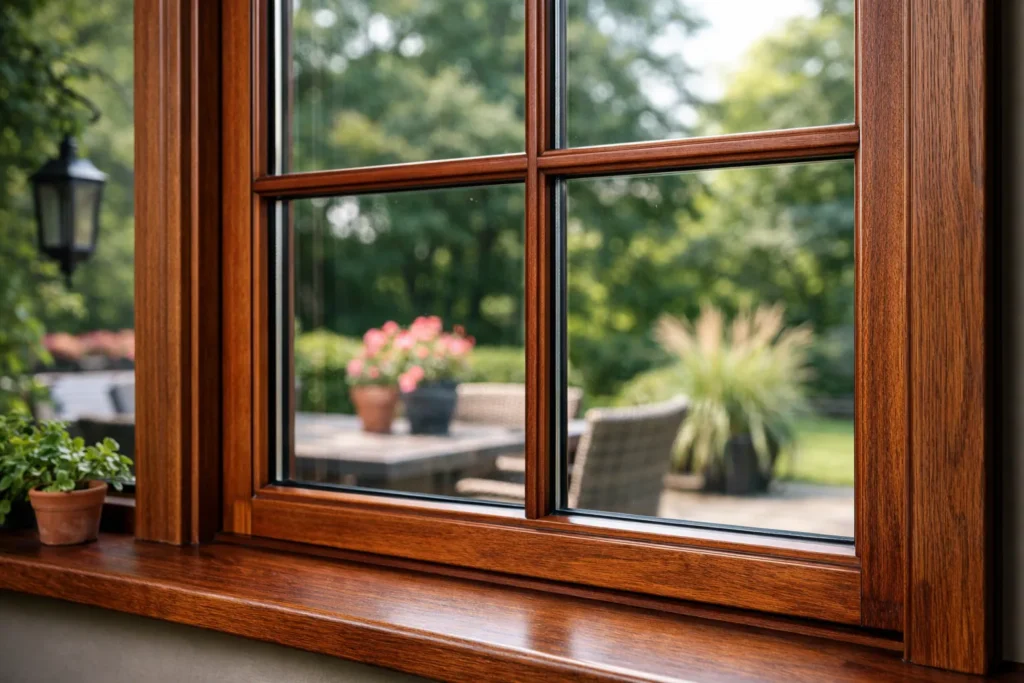 Hardhouten raamkozijn met zicht op groene tuin en terras