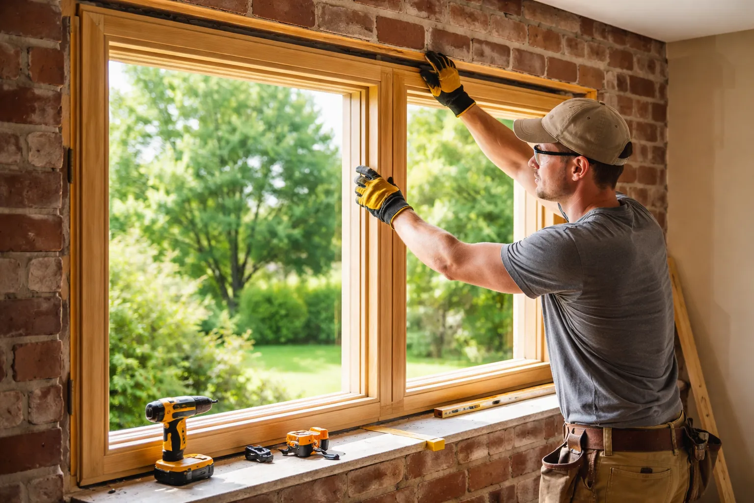 Vakman installeert een houten raamkozijn in een bakstenen muur bij daglicht.