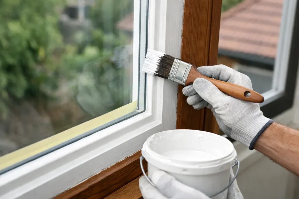 Schilder verft een houten kozijn met een kwast voor een strak resultaat.