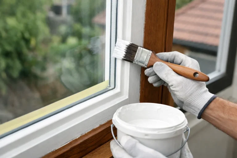 Schilder verft een houten kozijn met een kwast voor een strak resultaat.