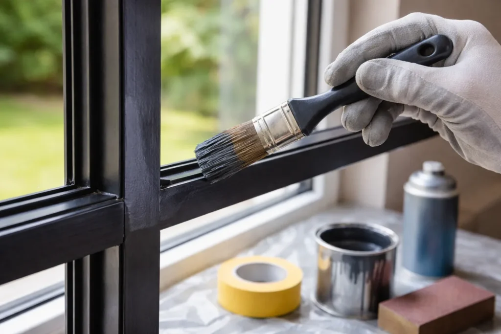 Close-up van het verven van een stalen kozijn met een kwast