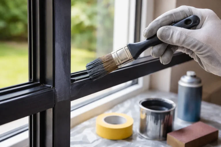 Close-up van het verven van een stalen kozijn met een kwast