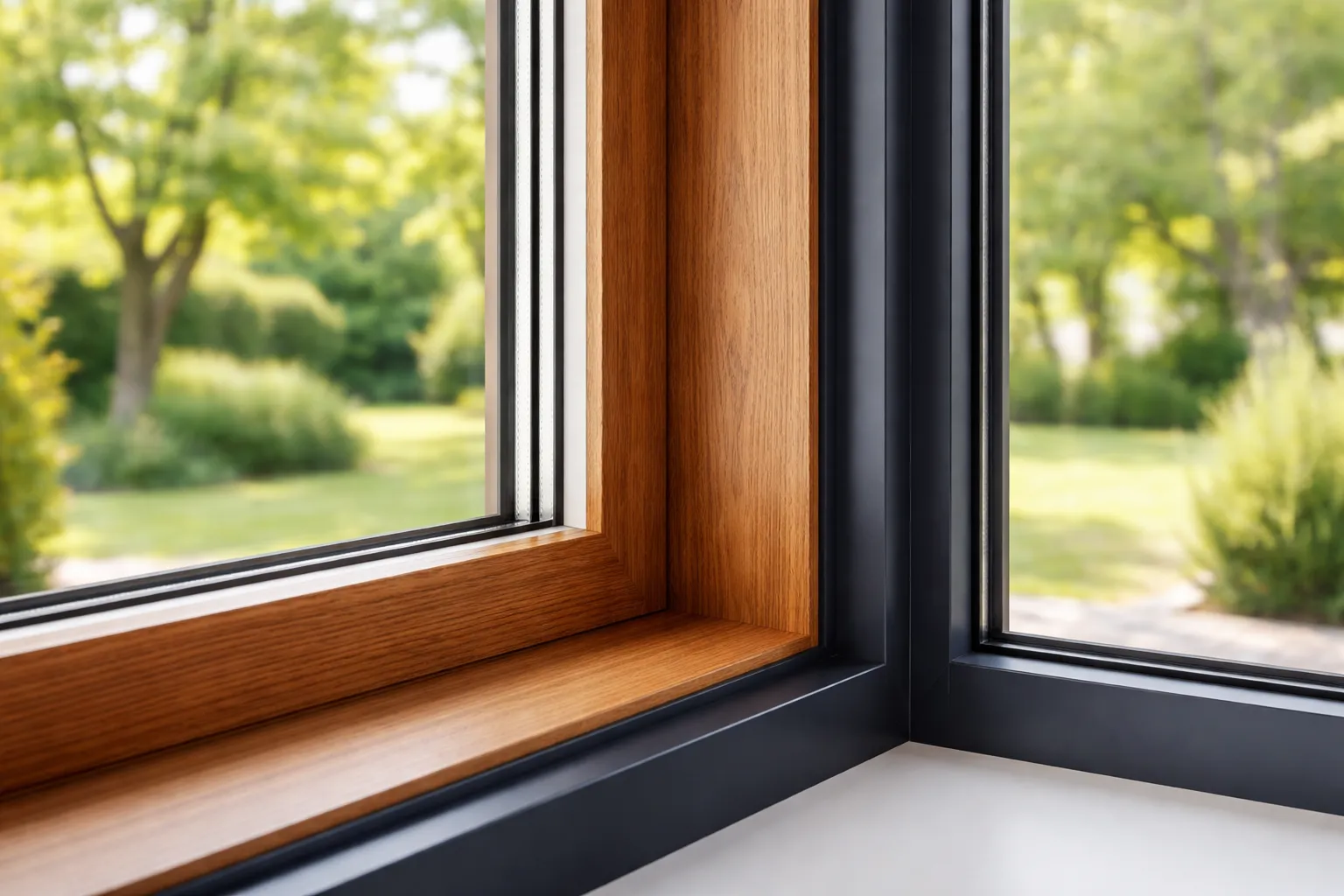 Close-up van hout-aluminium raamkozijn met eikenhout binnen en aluminium buitenzijde.