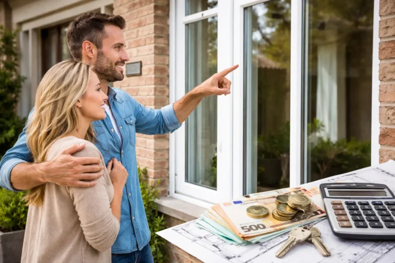 Stel bekijkt nieuwe kozijnen bij huis met geld en rekenmachine op tafel