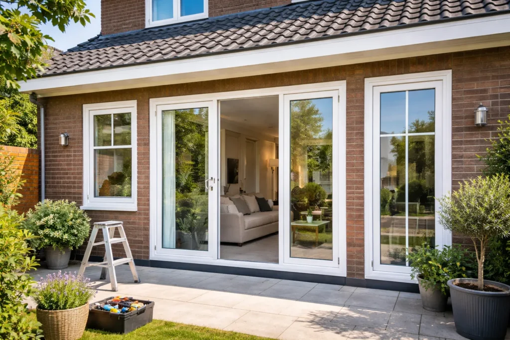 Moderne bakstenen woning met witte ramen en schuifpui naar de tuin