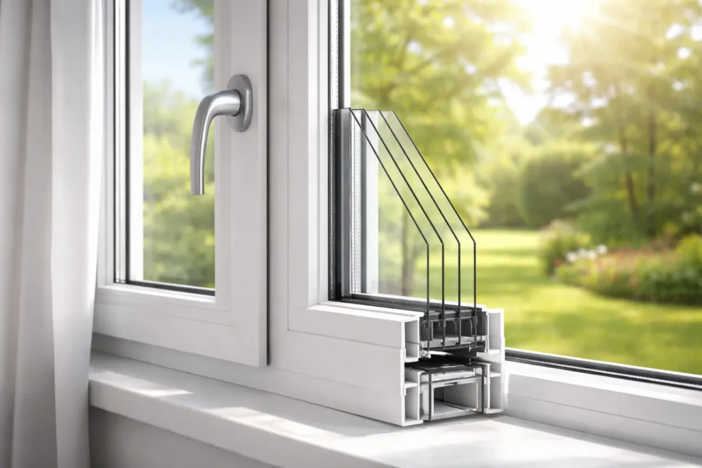 Modern wit kozijn met triple glas en doorsnede van het frame