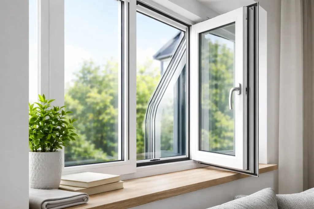 Modern kunststof raam met driedubbel glas in een lichte kamer