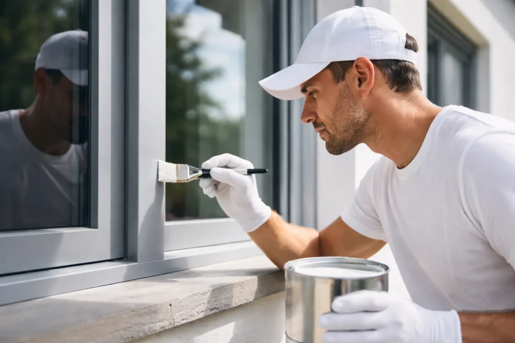 Schilder verft een aluminium raamkozijn met witte verf.