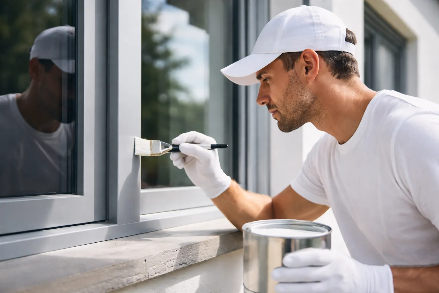 Schilder verft een aluminium raamkozijn met witte verf.