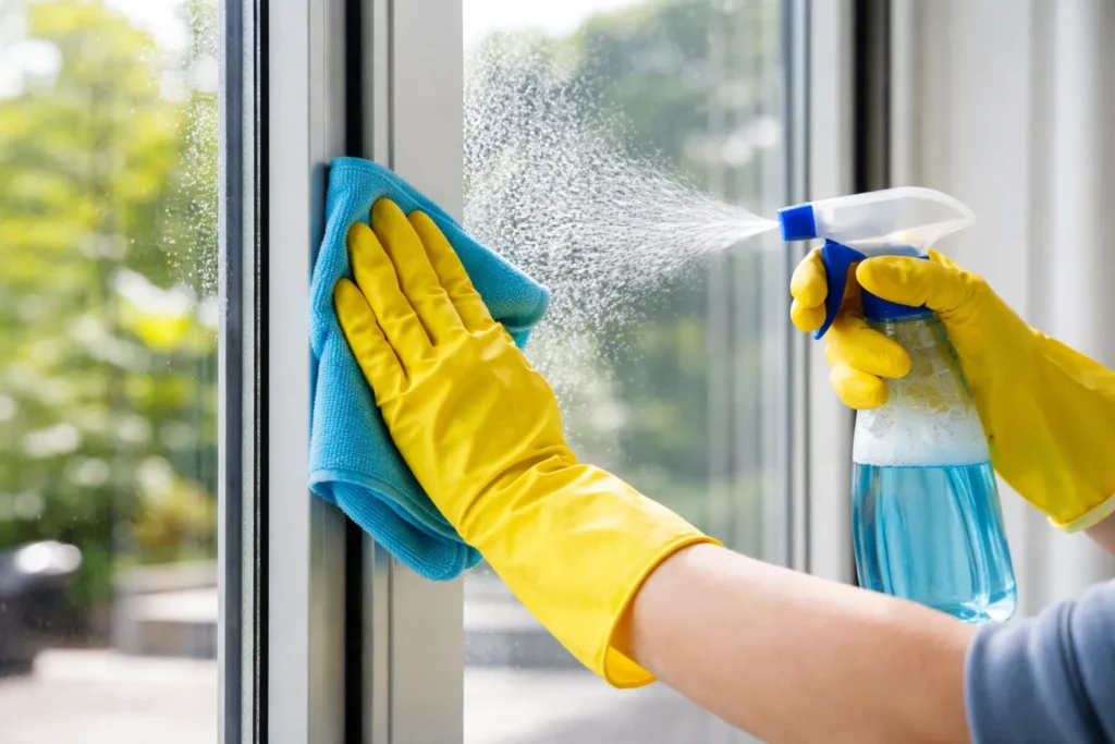 Handen reinigen aluminium raamkozijn met doek en spray