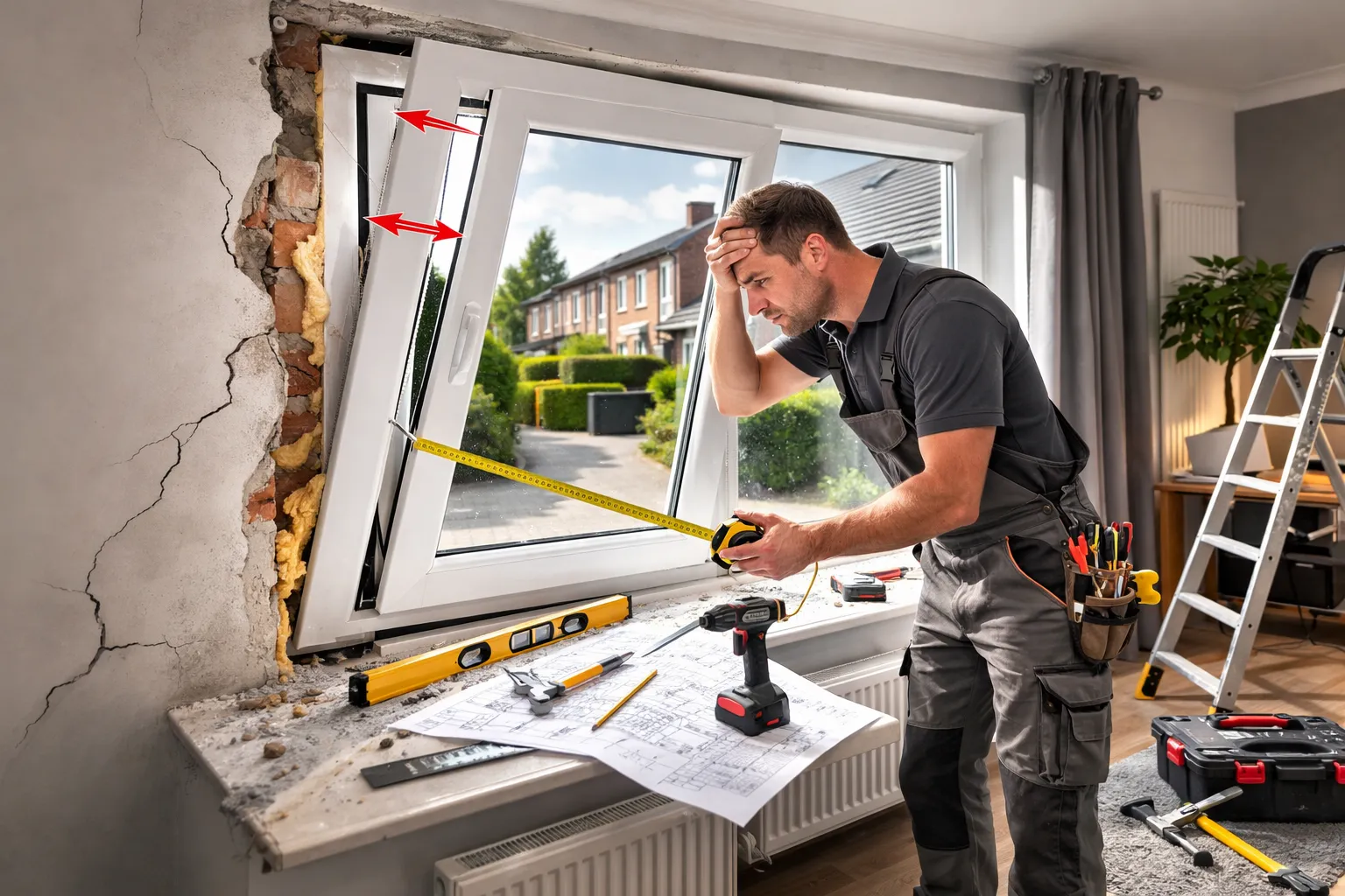 Monteur controleert scheef geplaatst kunststof raamkozijn tijdens renovatie.