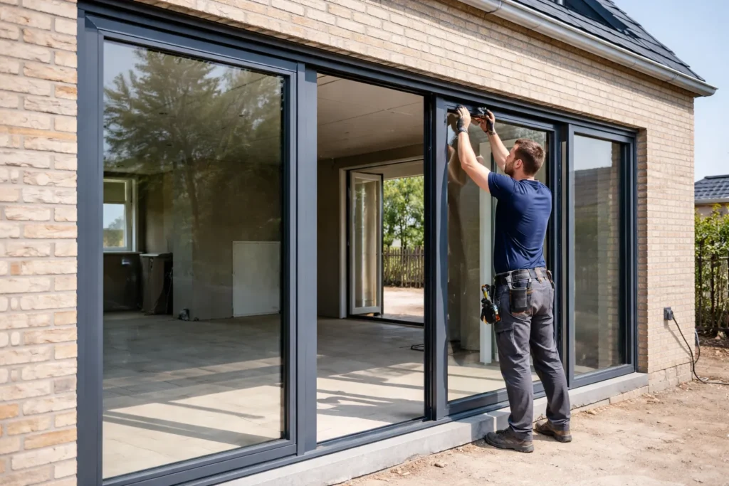 Monteur installeert aluminium schuifpui in moderne woning