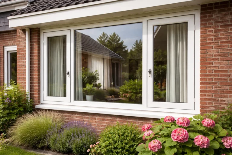 Witte kunststof kozijnen in bakstenen gevel met tuin ervoor