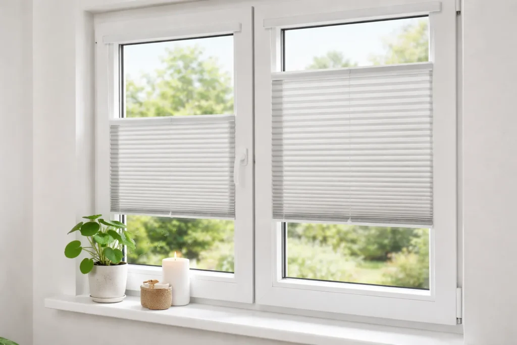 Wit plisségordijn gemonteerd in modern kunststof raamkozijn