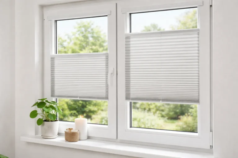 Wit plisségordijn gemonteerd in modern kunststof raamkozijn