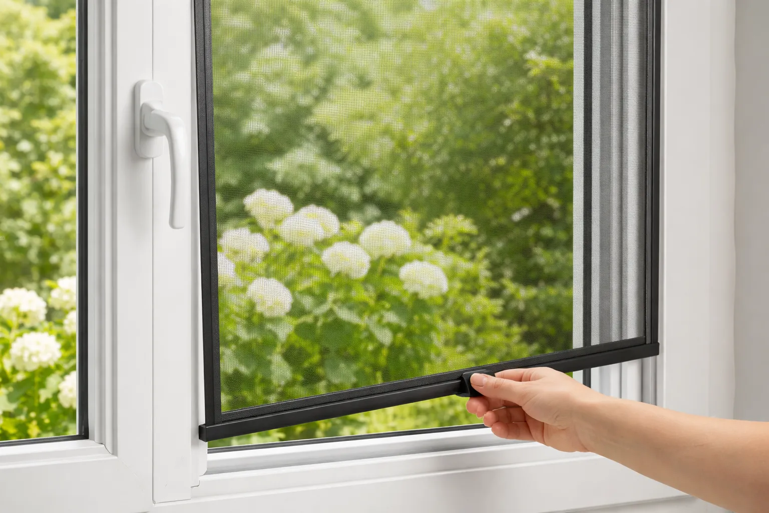 Hor geplaatst in wit kunststof raamkozijn