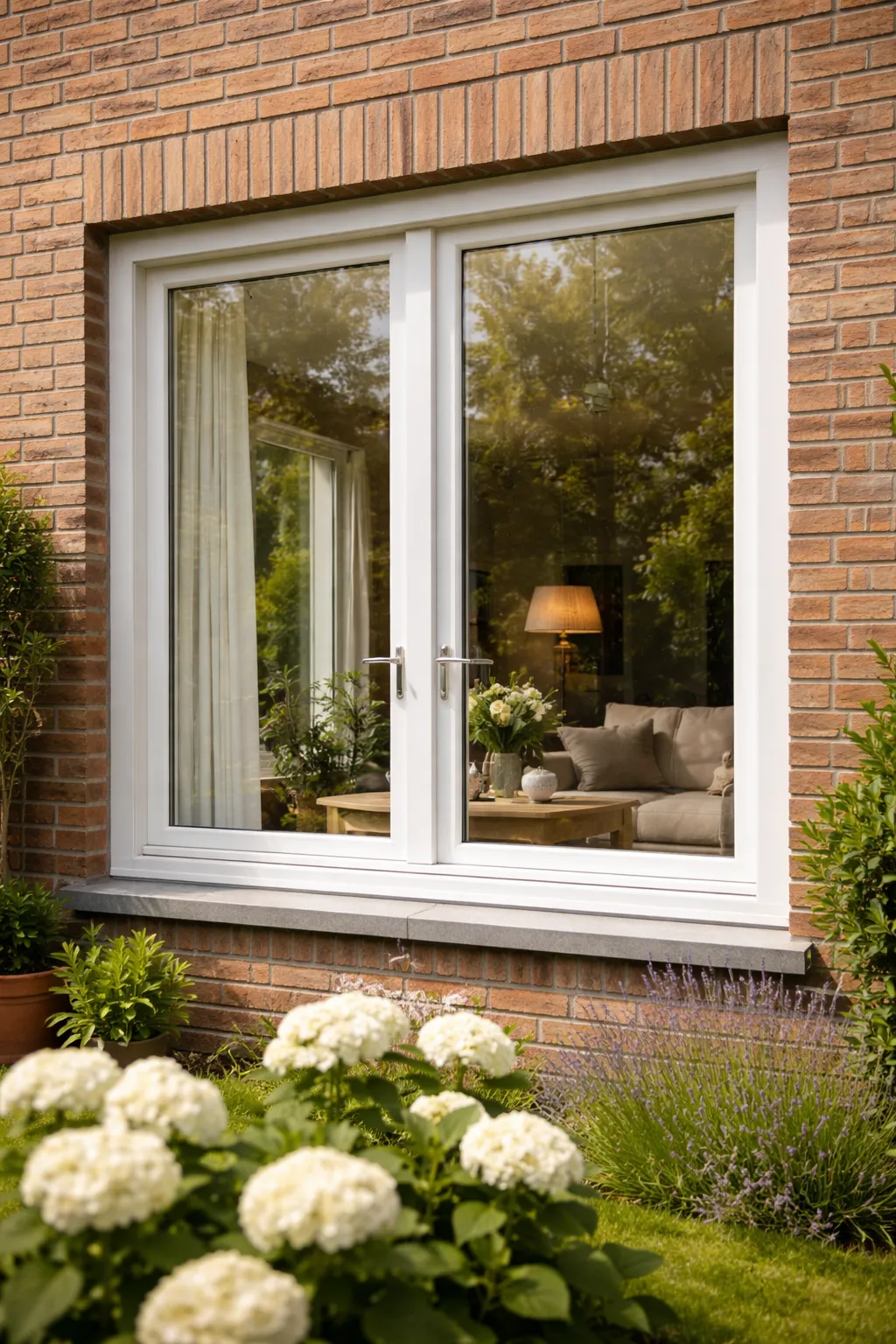 Witte kozijnen in bakstenen gevel met tuin ervoor