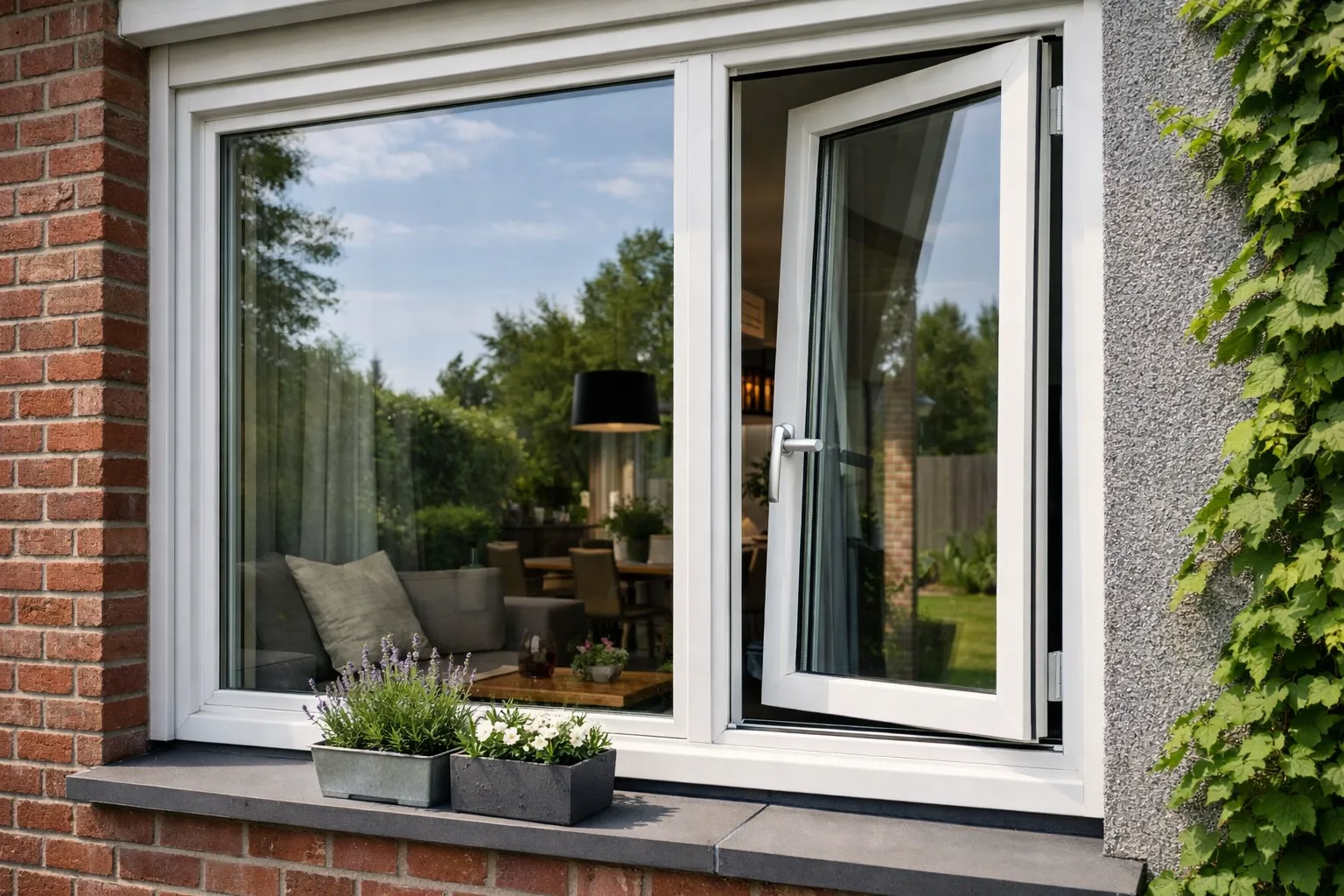 Wit kunststof kozijn met open draai-kiepraam in moderne woning