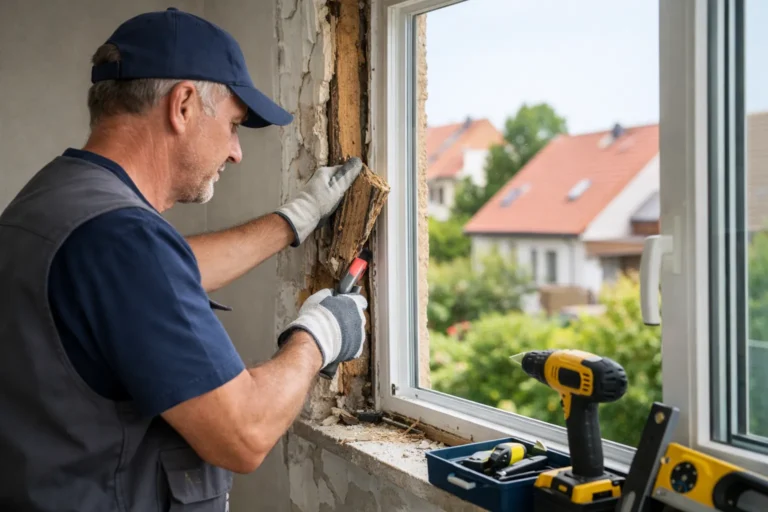 Monteur vervangt oud houten kozijn door nieuw raam in woning.