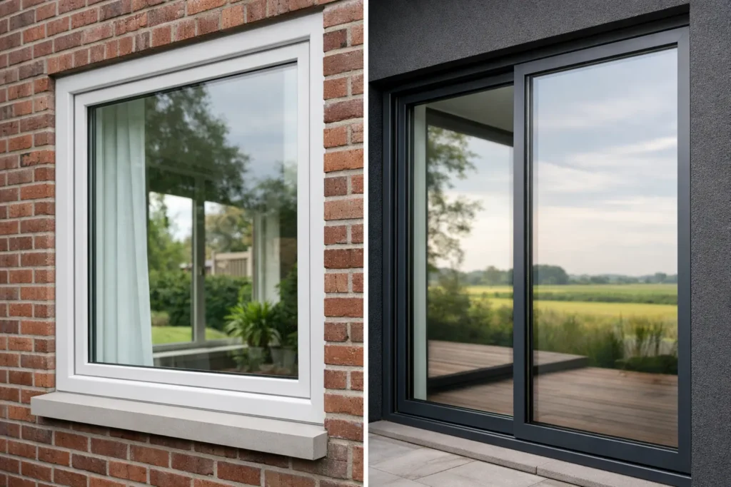 Vergelijking van kunststof en aluminium kozijnen in een woninggevel.