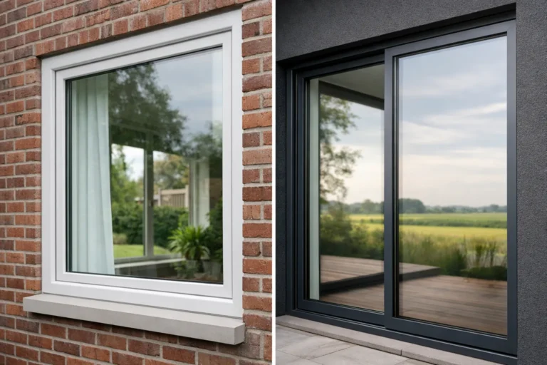 Vergelijking van kunststof en aluminium kozijnen in een woninggevel.