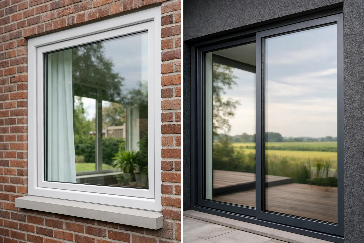 Vergelijking van kunststof en aluminium kozijnen in een woninggevel.