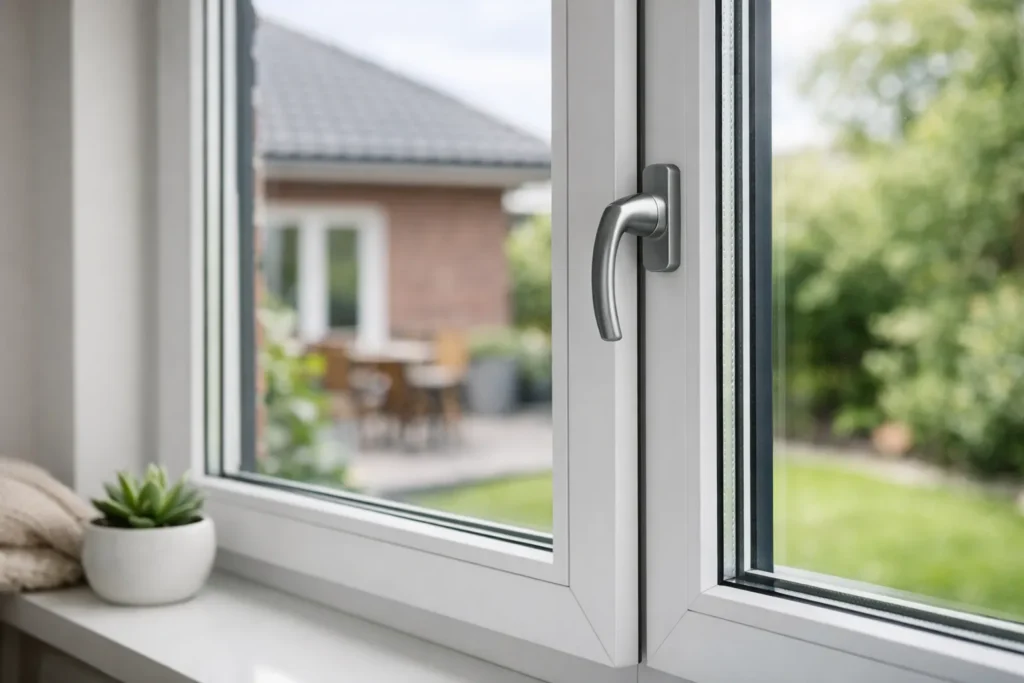 Modern wit raamkozijn met isolerend driedubbel glas en zicht op tuin