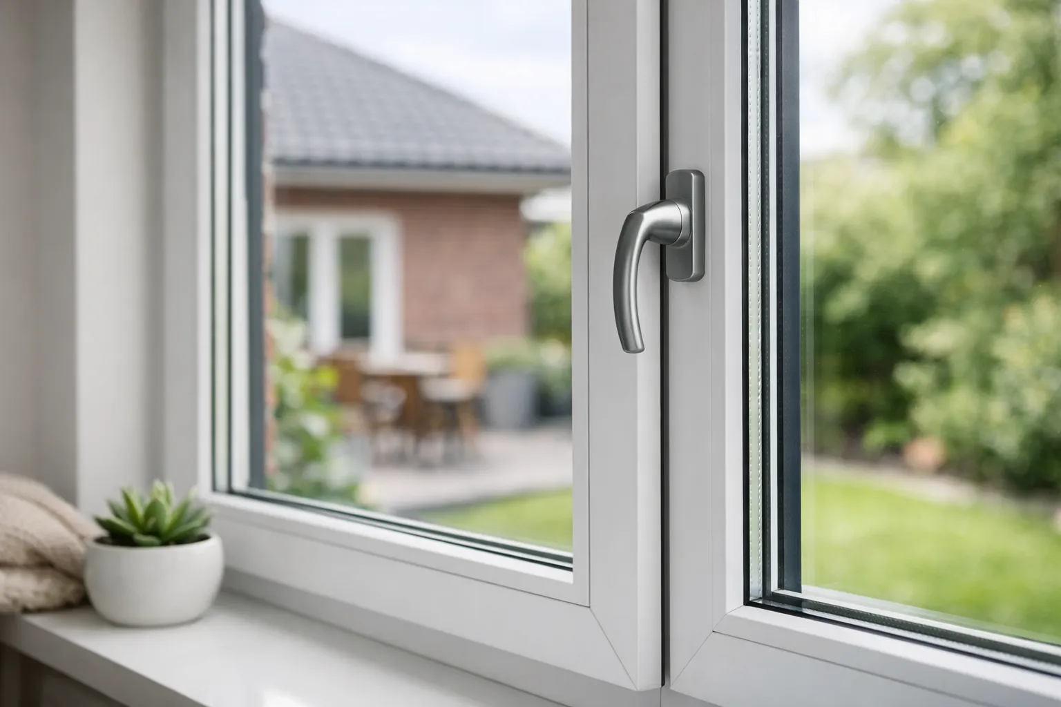 Modern wit raamkozijn met isolerend driedubbel glas en zicht op tuin