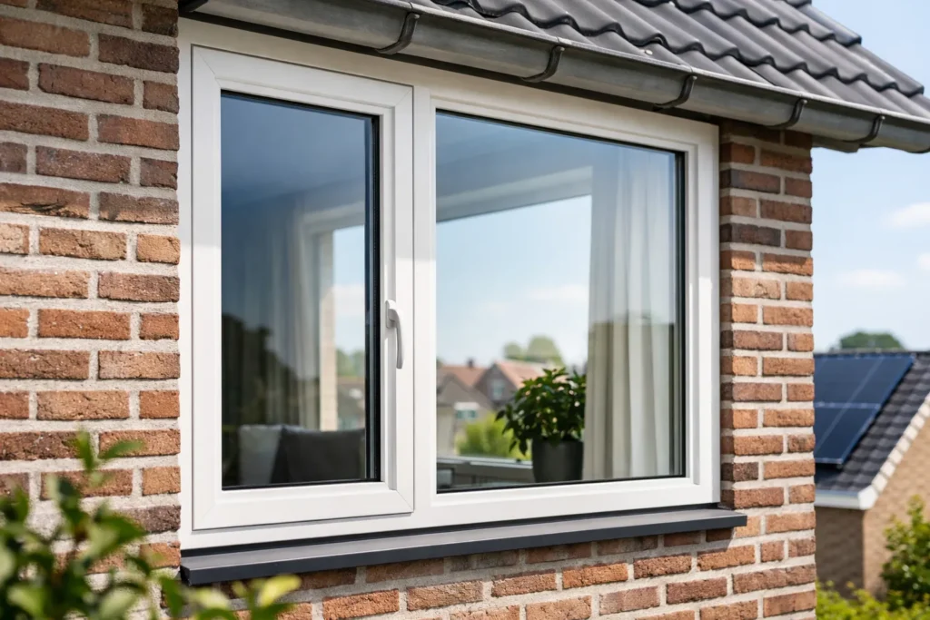 Witte kunststof kozijnen in een bakstenen woning met dubbel glas
