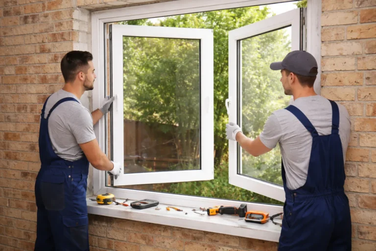 Monteurs installeren een wit kunststof raamkozijn in een bakstenen muur.