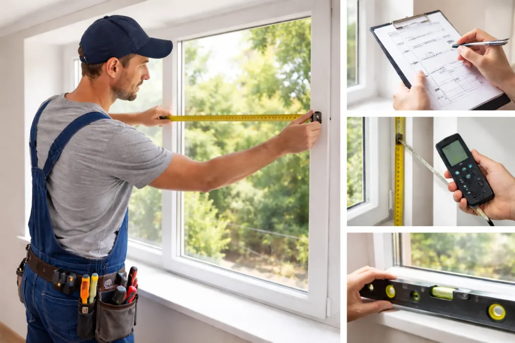 Monteur meet een raamkozijn met rolmaat en waterpas