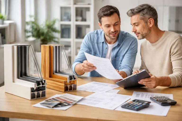 Twee mannen vergelijken offertes en kozijnstalen aan tafel